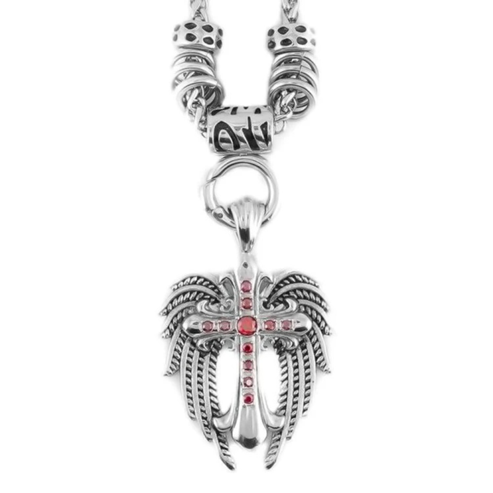 Ladies Angel Wing & Cross Red Bling Pendant Necklace Stainless Steel